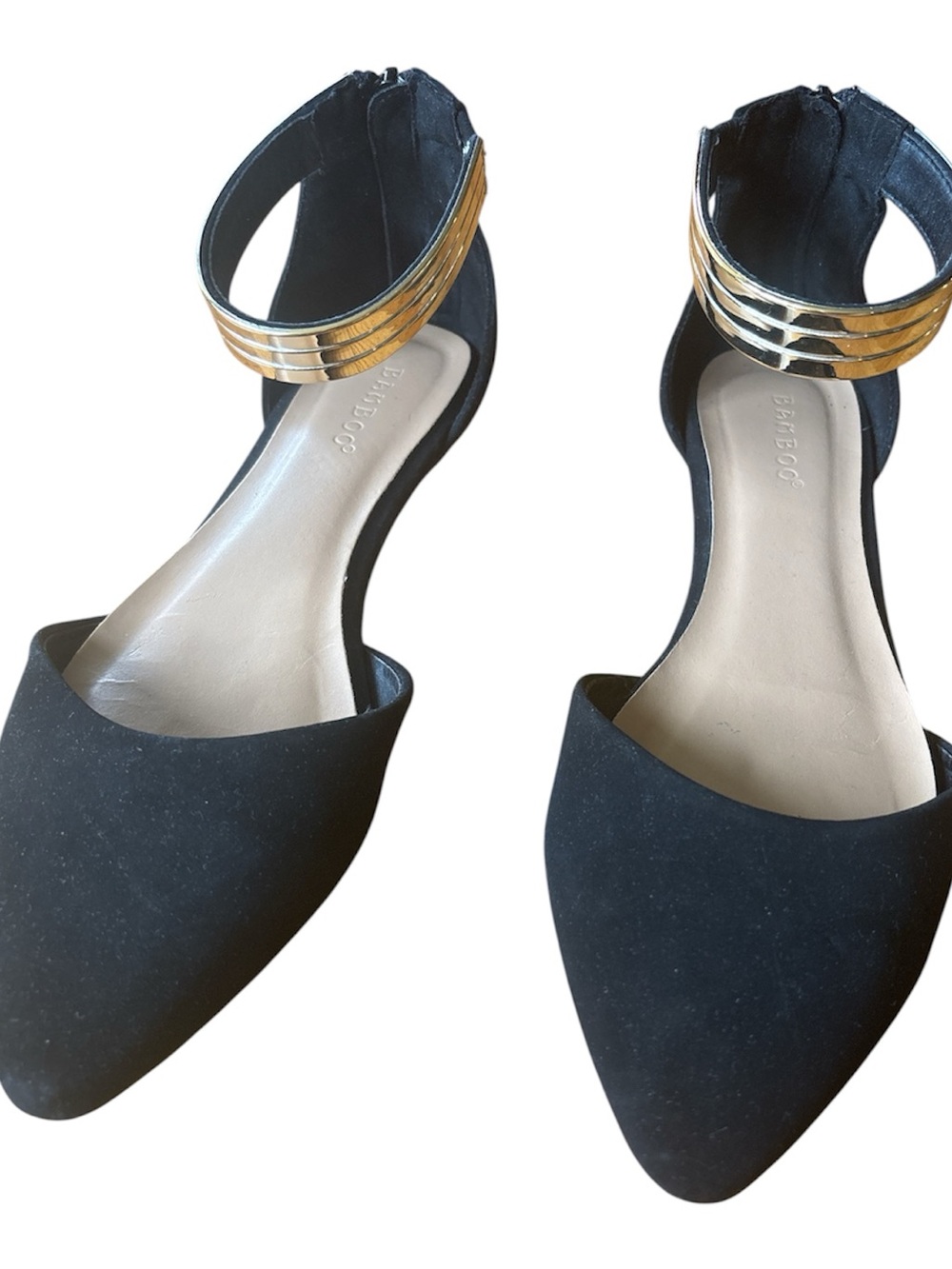 Bamboo Black Velvet Pointed Toe Ankle Strap Flats with Gold Accent Size 8